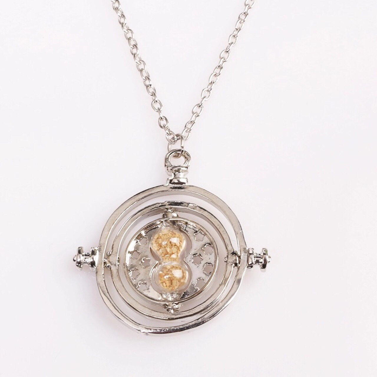 Small Silver Hermione's Harry Potter Time Turner Rotating Hourglass Necklace