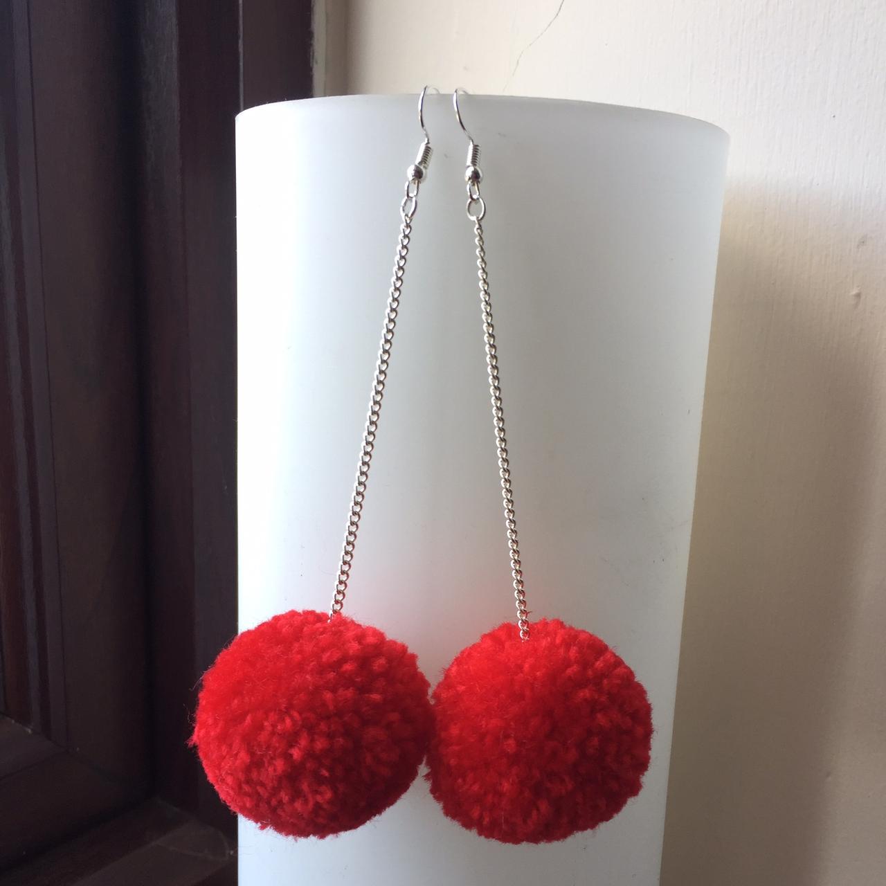 Red pom pom earrings - Folksy
