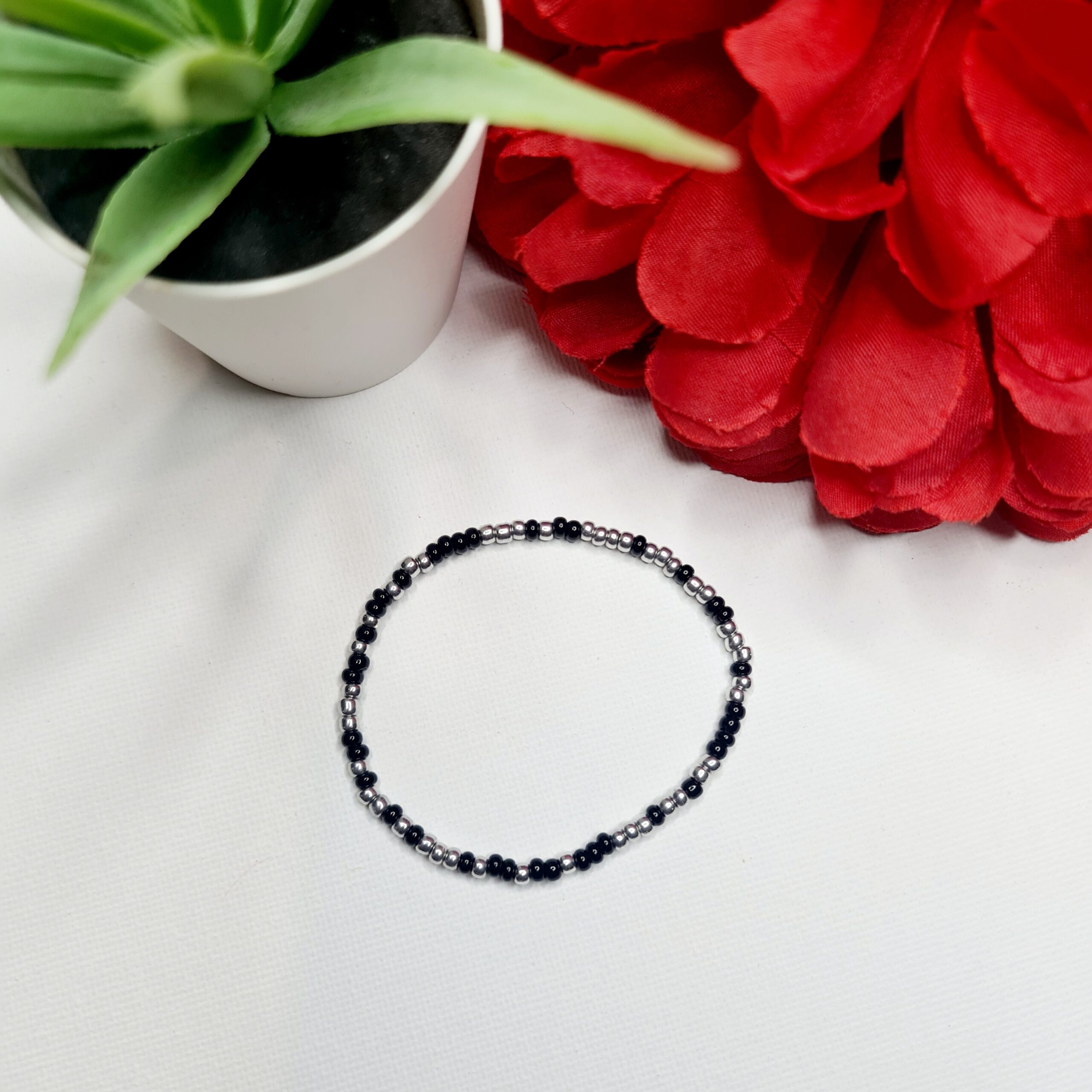 Black & Silver 3mm Seed Bead Bracelet